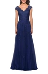 La Femme Embellished Tulle & Lace A-line Gown In Marine Blue