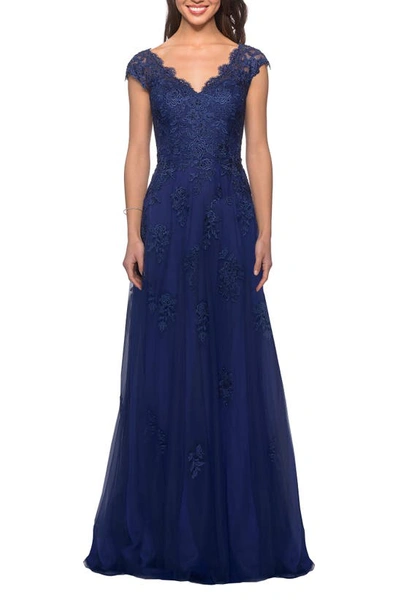 La Femme Embellished Tulle & Lace A-line Gown In Marine Blue