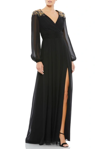 Mac Duggal Puff Sleeve Chiffon Gown In Black Gold