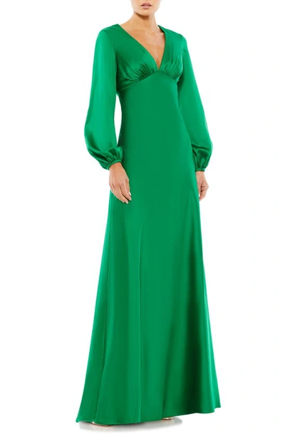 Mac Duggal Long Sleeve Empire Waist Satin Gown In Emerald