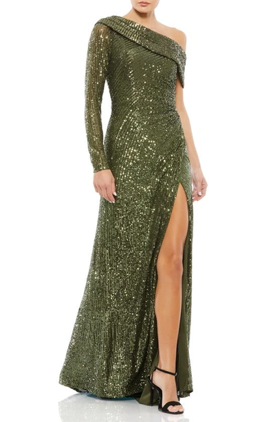 Mac Duggal Asymmetric Sequin Wrap Gown In Olive