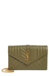 Saint Laurent Envelope Quilted Pebbled Leather Wallet On A Chain In Vert Kaki
