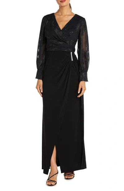 Nightway Petite Jacquard Faux-wrap Gown In Black