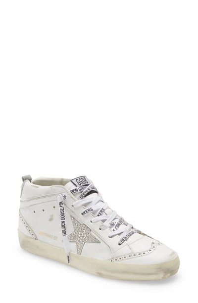 Golden Goose Mid Star Crystal Embellished Sneaker In White/ Silver/ Grey