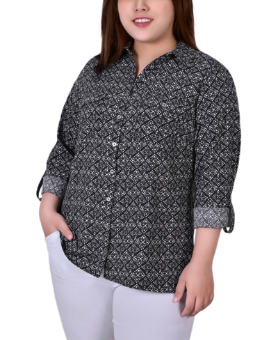 Ny Collection Plus Size 3/4 Sleeve Roll Tab Notch Collar Blouse Top In Black White Geometric