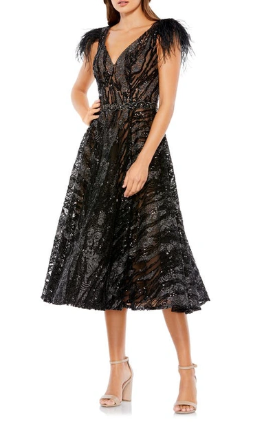 Mac Duggal Sequin Feather-sleeve Dress In Black/nude