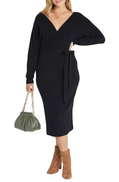 Vici Collection Drape Long Sleeve Wrap Sweater Dress In Black | ModeSens