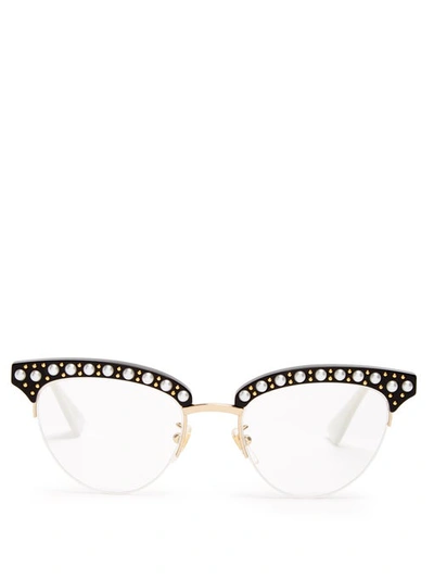 Gucci Cat-eye Faux-pearl Embellished Metal Glasses In Havana