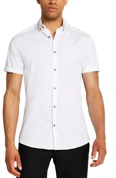 River Island Short Sleeve Embroidered Muscle Fit Shirt In White
