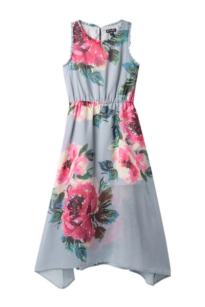 Ava & Yelly Kids' Ava And Yelly Ruffle Egde Floral Print Maxi Dress In Grey