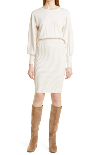 Toccin Ribbed Long Sleeve Cotton & Wool Blend Knit Dress In Vanilla