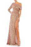 Mac Duggal One-shoulder Sequin Gown In Copper