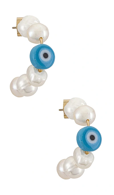 Ettika Imitation Pearl And Evil Eye Beaded Hoops In Blue/ White