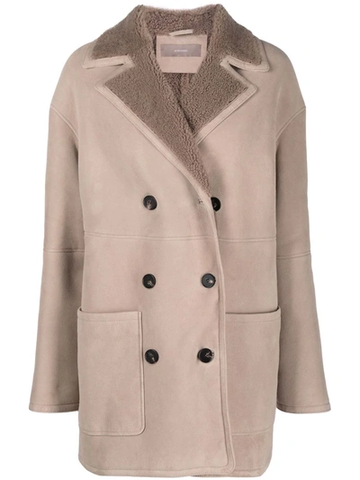 12 Storeez Double-breasted Shearling Coat In Nude