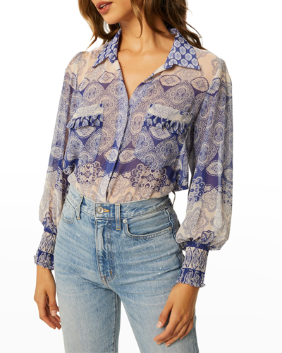 Misa Nora Button-front Chiffon Top In Majorelle Mixed Tile