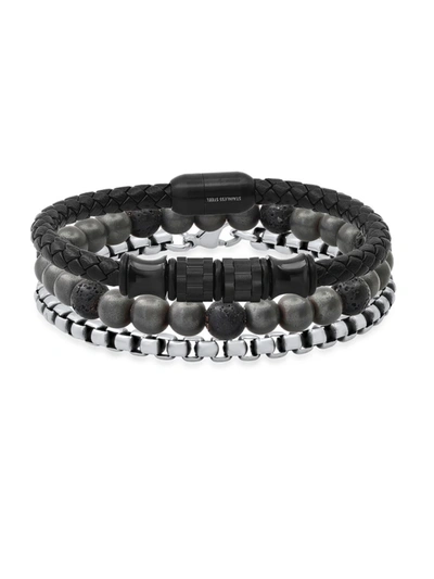 Anthony Jacobs Men's 3-piece Stainless Steel, Agate & Leather Bracelet Set In Black
