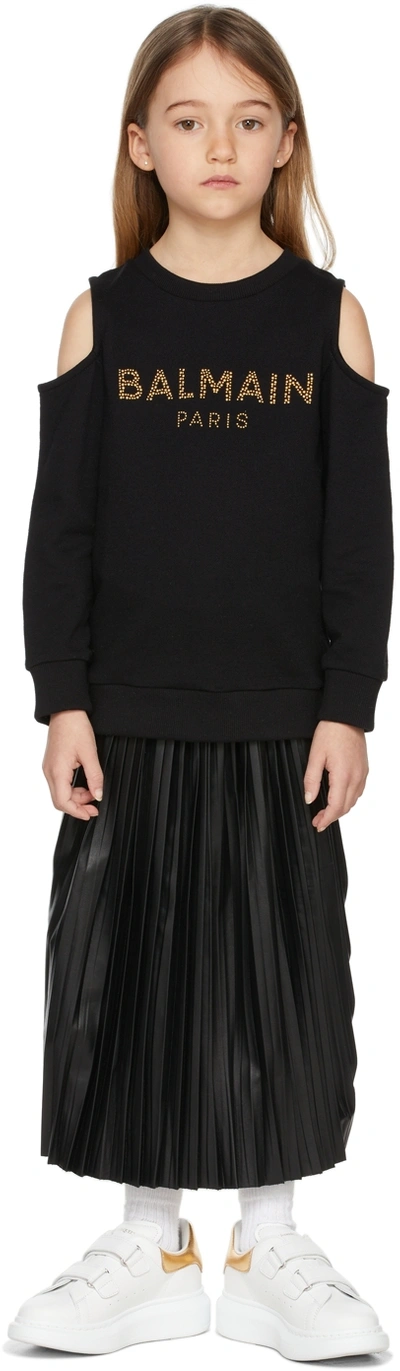Balmain Kids' Studded Logo Cold Shoulder Sweatshirt Dress In Black