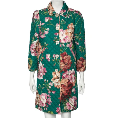 Pre-owned Gucci Green Floral Printed Quilted Cotton Button Front Coat M