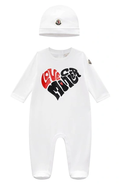 Moncler Kids' Love Graphic Cotton Footie & Beanie Set In White