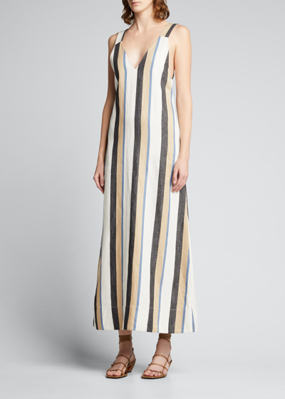 Co Striped V-neck Linen-blend Dress In Multi Stripe