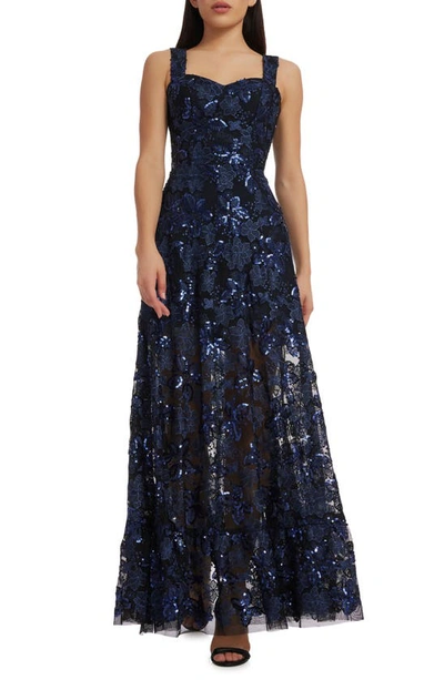 Dress The Population Anabel Floral Sequin Fit & Flare Gown In Navy