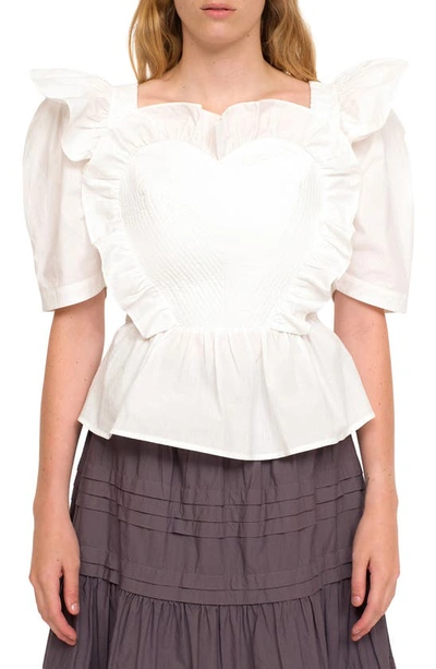 Sea Heidi Heart Puff Sleeve Open Back Cotton Blouse In White