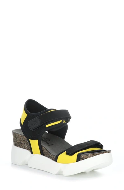 Fly London Sigo Wedge Sandal In 006 Yellow/ Black Stretch | ModeSens