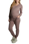 Everly Grey Maternity Whitney 2-piece /nursing Top & Pant Set In French Terry Coco