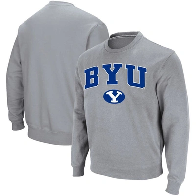 Colosseum Heathered Gray Byu Cougars Team Arch & Logo Tackle Twill Pullover Sweatshirt In Heather Gray