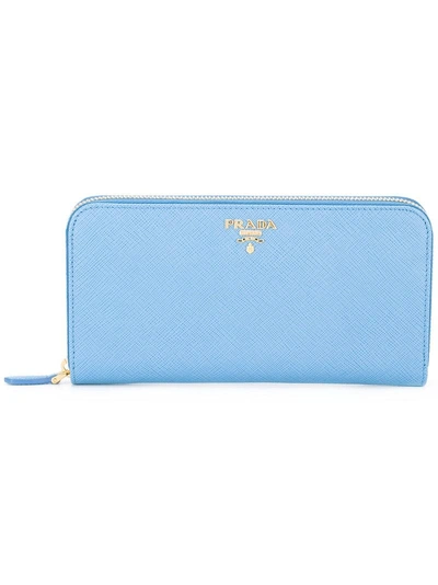 Prada Saffiano Leather Zip Around Wallet In Blue