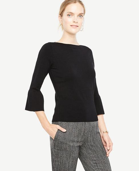 Ann Taylor Petite Bell Sleeve Boatneck Sweater In Black | ModeSens