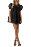 English Factory Gridded Puff-sleeve Mini Babydoll Dress In Black