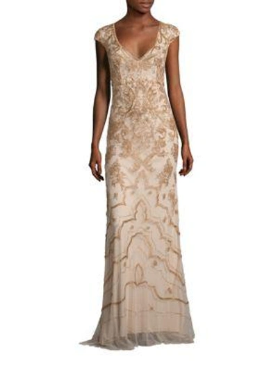 Theia Beaded Cap Sleeve Gown In Ochre