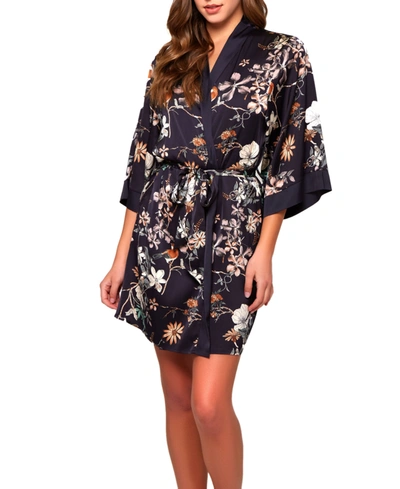 Icollection Plus Size Geri Lux Floral Satin Robe In Black