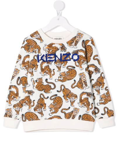 Kenzo Kids' Tiger Embroidered Logo Cotton Sweatshirt In Ecru