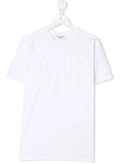Neil Barrett Kids White T-shirt With Fluorescent Fair-isle Thunderbolt Print In Bianco