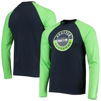 New Era Men's College Navy, Neon Green Seattle Seahawks League Raglan Long Sleeve T-shirt In Navy,neon