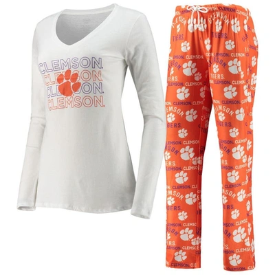 Concepts Sport Women's Orange, White Clemson Tigers Flagship Long Sleeve T-shirt And Pants Sleep Set In White,tennessee Orange