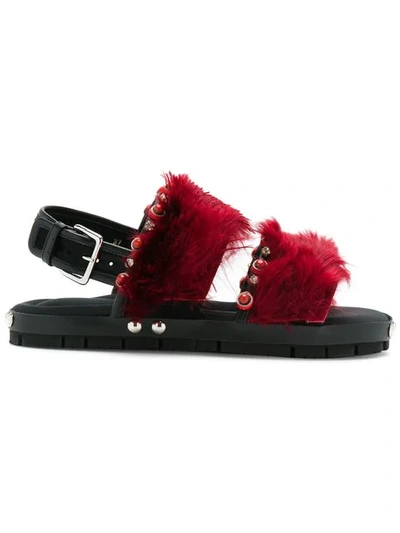 Marni Embellished Double-strap Fur Sandals In China Red|rosso