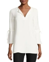 Lafayette 148 Sela Drawstring-sleeve Silk Blouse, Plus Size In Cloud