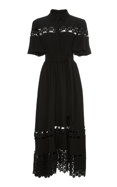 Lela Rose Flutter-sleeve Textured Silk Cloque Shirtdress With Lace Inset In Black