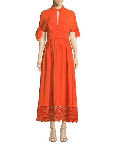 Lela Rose Textured Silk Cloque Tie-sleeve Dress With Embroidered Lace Hem In Orange