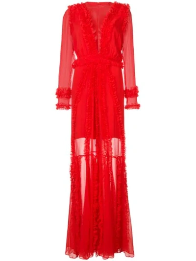 Alexis Janine High-neck Long-sleeve Semisheer Silk Gown In Red