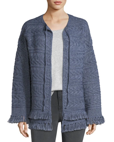 Current Elliott The Cable-knit Chevron Cotton Sweater W/ Fringe In Blue