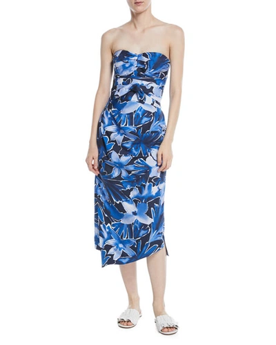 Michael Kors Strapless Tie-waist Floral-print Draped Silk Dress In Blue Pattern