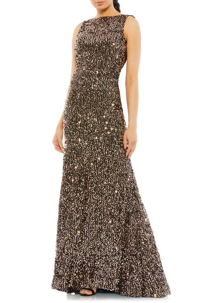 Mac Duggal Sequin Drape Back Trumpet Gown In Bronze