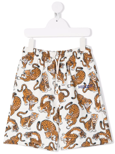 Kenzo White Teen Boy Shorts With Tiger Print, Front Logo Embroidery, Waist With Elasticated Drawstring, Ba In Cream