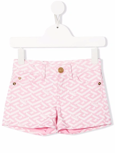 Versace Kids' La Greca Print Cotton Denim Shorts In Pink