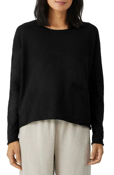 Eileen Fisher Organic Cotton & Linen Slub Pocket Knit Top In Black