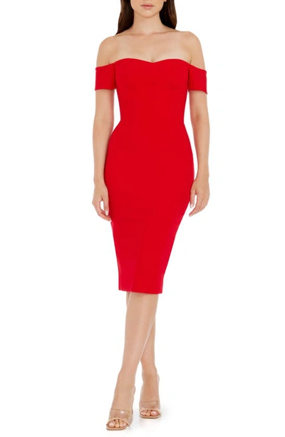 Dress The Population Bailey Off The Shoulder Body-con Dress In Rouge